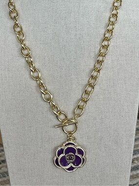 Upcycled Authentic Stamped Chanel Camellia Pendant on 14K Gold Plated Necklace